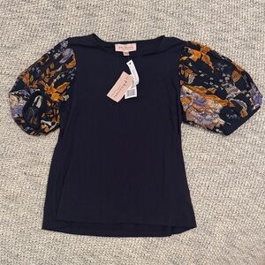 philosophy Petite Mixed Media Floral Sleeve Blouse Navy PM NWT